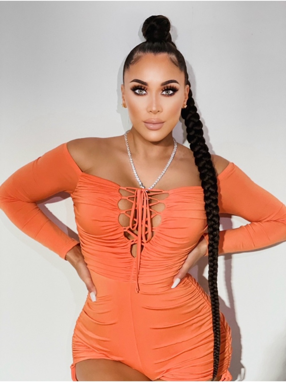 Orange Lace-Up Ruched Off-Shoulder Romper
